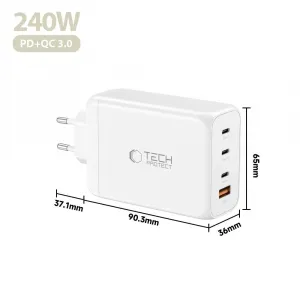 Tech-Protect NC240W-GAN 4-portová nabíjačka, PD 240W / QC3.0, biela