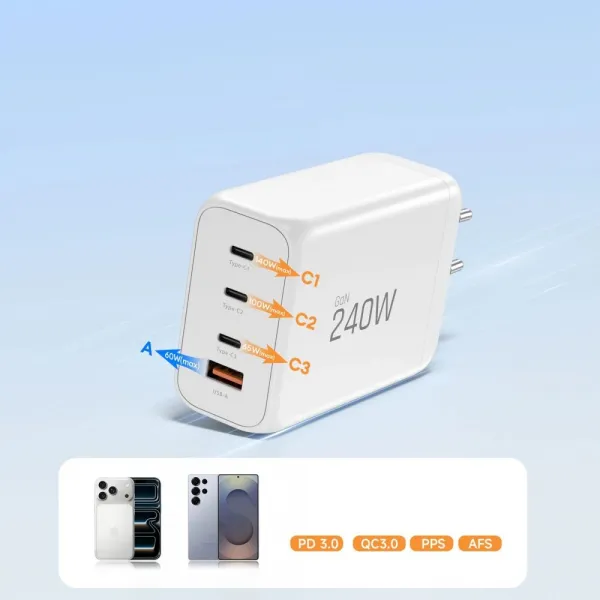 Tech-Protect NC240W-GAN 4-portová nabíjačka, PD 240W / QC3.0, biela