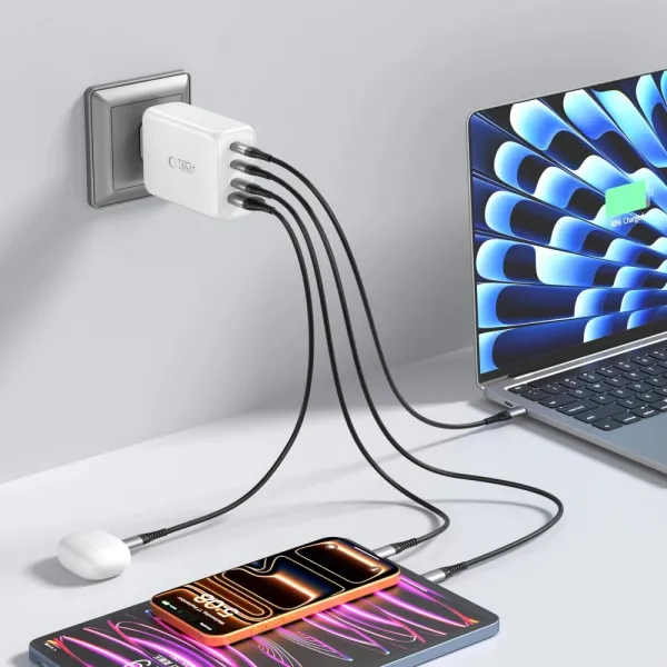 Tech-Protect NC240W-GAN 4-portová nabíjačka, PD 240W / QC3.0, biela