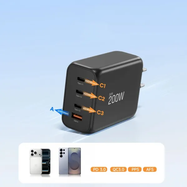 Tech-Protect NC200W-GAN 4-portová nabíjačka, PD 200W / QC3.0, čierna
