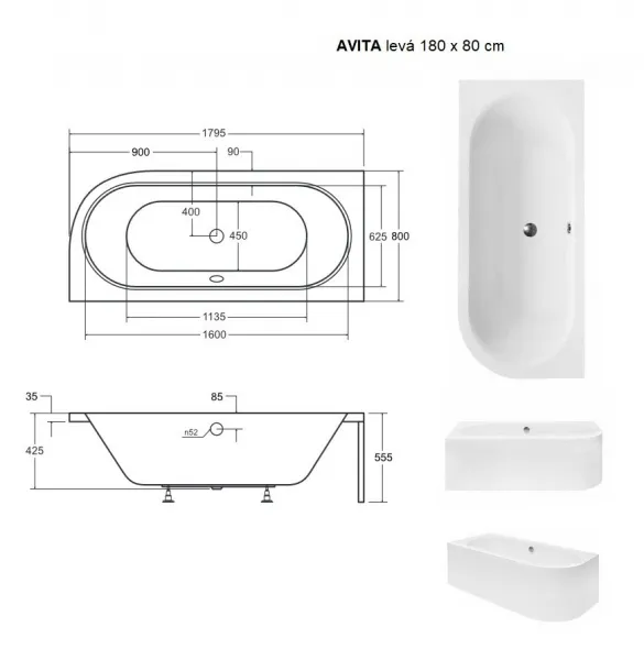 BESCO - Asymetrická vaňa AVITA - Nožičky k vani - S nožičkami, Rozmer vane - 180 × 80 cm, Spôsob prevedenia - Ľavé VANAVIT180L + OLVPINOZSTELWD