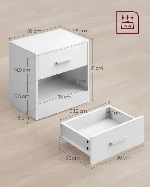 Biele minimalistické nočné stolíky so zásuvkou, 2 ks