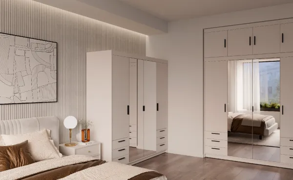 ArtLemp Šatníková skriňa ELLEN 4D6S so zrkadlom | pieskovo béžová