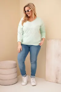 Kesi Włoski Blúzka dámska Plus Size pretrhnutá s nápisom a perlami mätová