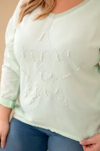 Kesi Włoski Blúzka dámska Plus Size pretrhnutá s nápisom a perlami mätová