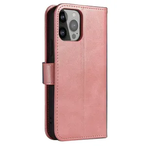 MG Magnet knižkové kožené puzdro na iPhone 14 Pro Max, ružové