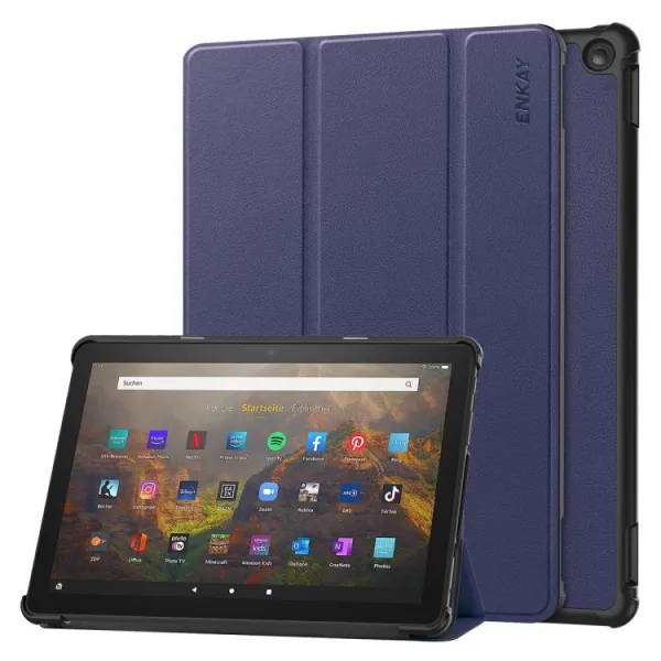 ENKAY LEATHER Zaklápací kryt pre Amazon Fire HD 10 (2023) tmavomodrý