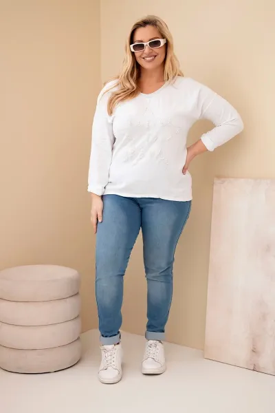 Kesi Włoski Dámska blúzka Plus Size s potlačou a perličkami biela