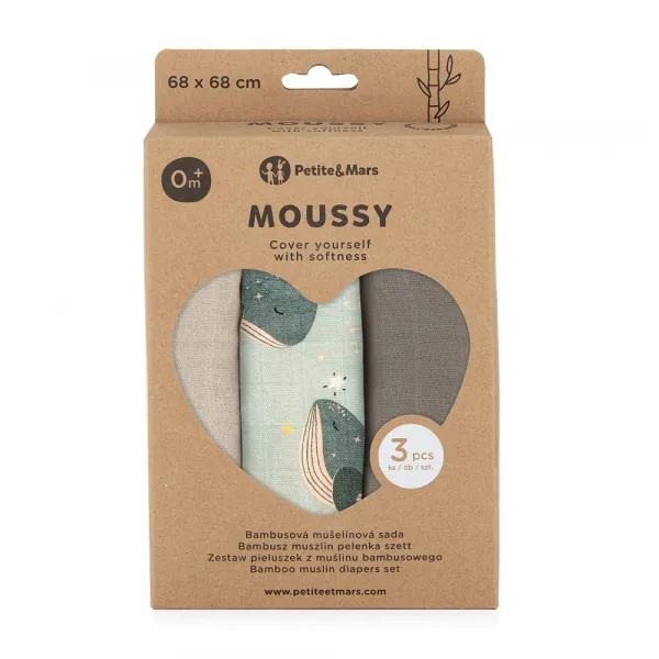 PETITEMARS Mušelínové plienky Petite&Mars Moussy Whale Song 3 kusy