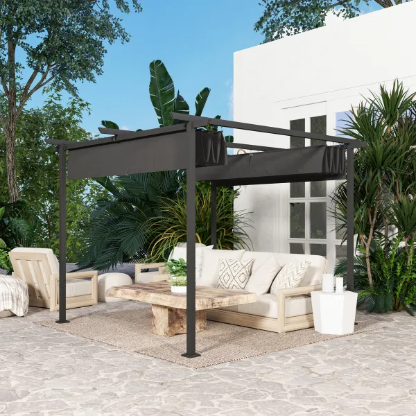 OUTSUNNY Voľne stojaca kovová pergola so zaťahovacou plátennou strechou 300 x 300 cm tmavosivá