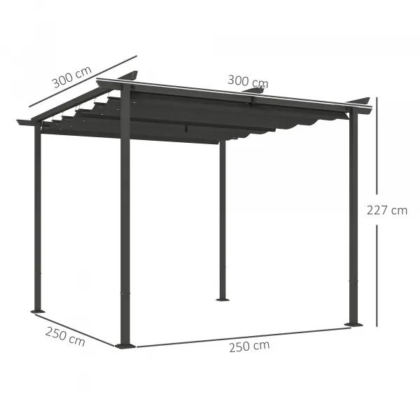 OUTSUNNY Voľne stojaca kovová pergola so zaťahovacou plátennou strechou 300 x 300 cm tmavosivá