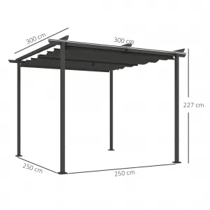 OUTSUNNY Voľne stojaca kovová pergola so zaťahovacou plátennou strechou 300 x 300 cm tmavosivá