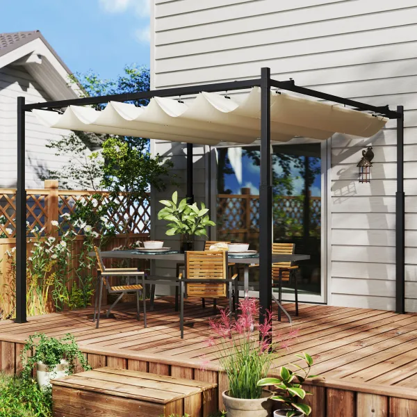 OUTSUNNY Samostatne stojaca kovová pergola so zaťahovacou plátennou strechou 300 x 300 cm biela