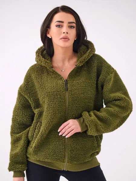 Khaki fleecová mikina s kapucňou
