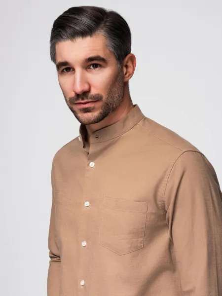 Ombre Men's linen shirt with stand-up collar and pocket REGULAR FIT - light brown