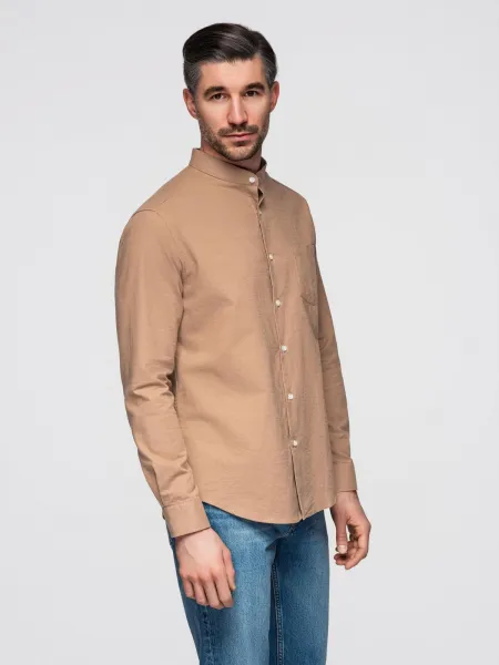 Ombre Men's linen shirt with stand-up collar and pocket REGULAR FIT - light brown