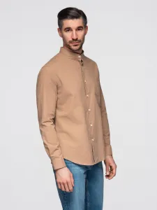 Ombre Men's linen shirt with stand-up collar and pocket REGULAR FIT - light brown