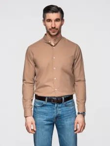 Ombre Men's linen shirt with stand-up collar and pocket REGULAR FIT - light brown
