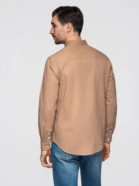 Ombre Men's linen shirt with stand-up collar and pocket REGULAR FIT - light brown