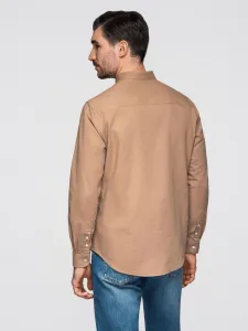 Ombre Men's linen shirt with stand-up collar and pocket REGULAR FIT - light brown