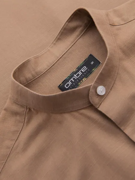 Ombre Men's linen shirt with stand-up collar and pocket REGULAR FIT - light brown