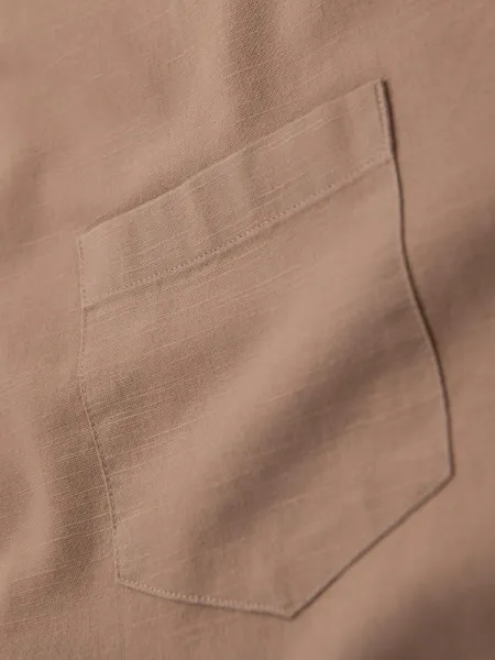 Ombre Men's linen shirt with stand-up collar and pocket REGULAR FIT - light brown