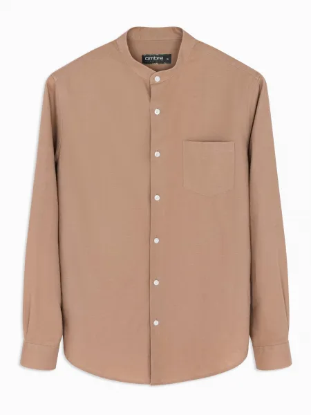 Ombre Men's linen shirt with stand-up collar and pocket REGULAR FIT - light brown