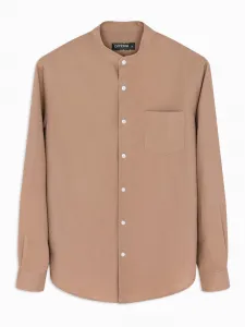 Ombre Men's linen shirt with stand-up collar and pocket REGULAR FIT - light brown