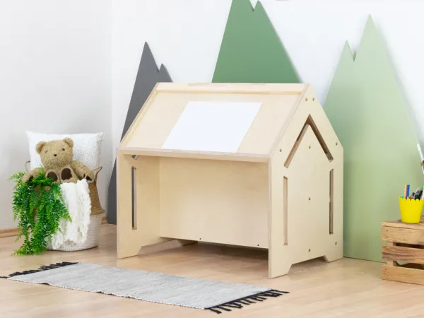 Benlemi Detský domčekový stolík na kreslenie CREATIVE Zvoľte farbu korpusu: Biela, Zvoľte farbu plôch: Nelakovaná
