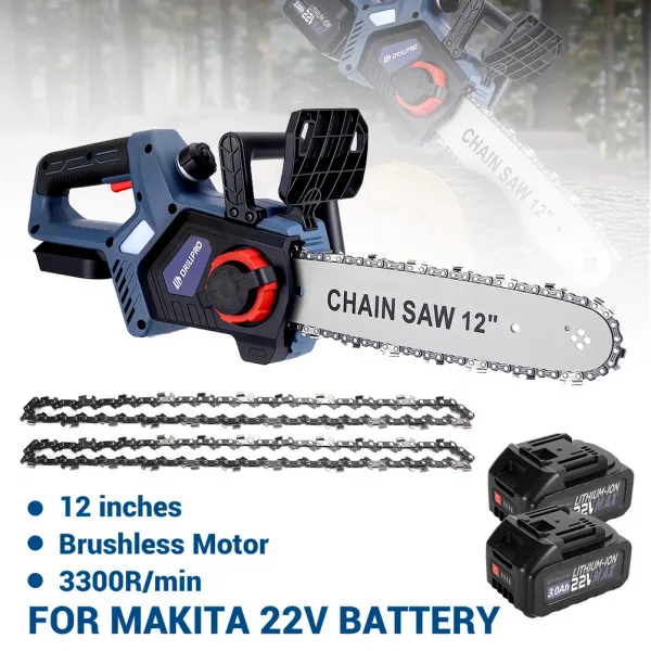 Bezuhlíková AKU reťazová píla Drillpro 12" 30Cm vhodná pre batérie Makita 18V. 3 x reťaz 2 x baterie 3Ah 22V 1 x lišta,