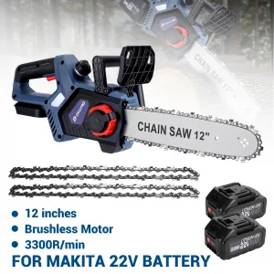 Bezuhlíková AKU reťazová píla Drillpro 12" 30Cm vhodná pre batérie Makita 18V. 3 x reťaz 2 x baterie 3Ah 22V 1 x lišta,