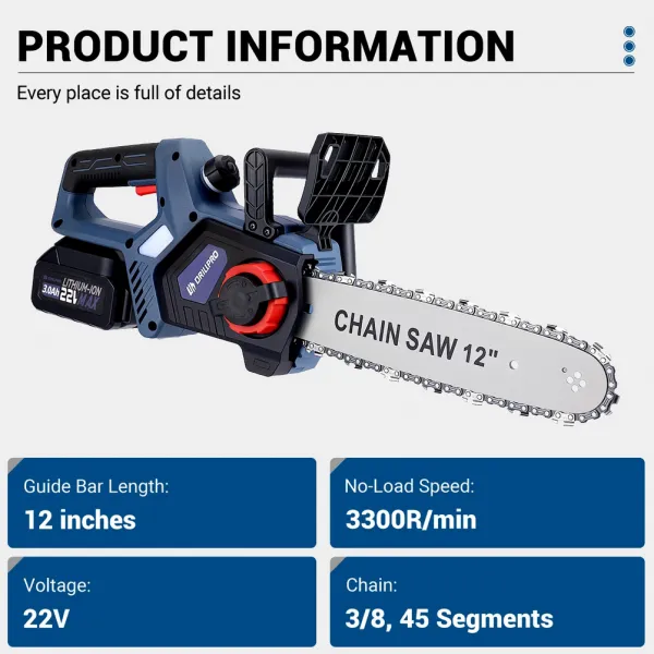 Bezuhlíková AKU reťazová píla Drillpro 12" 30Cm vhodná pre batérie Makita 18V. 3 x reťaz 2 x baterie 3Ah 22V 1 x lišta,