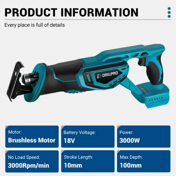 Chvostová vysoko výkonná píla Drillpro s bezkartáčovým motorom 3000W , 0-3000 ot./min,vysoká rezacia kapacita pre drevo,kov a plast, kosti. Vhodná pre batériu MAKITA 18V - Verzia bez batérie