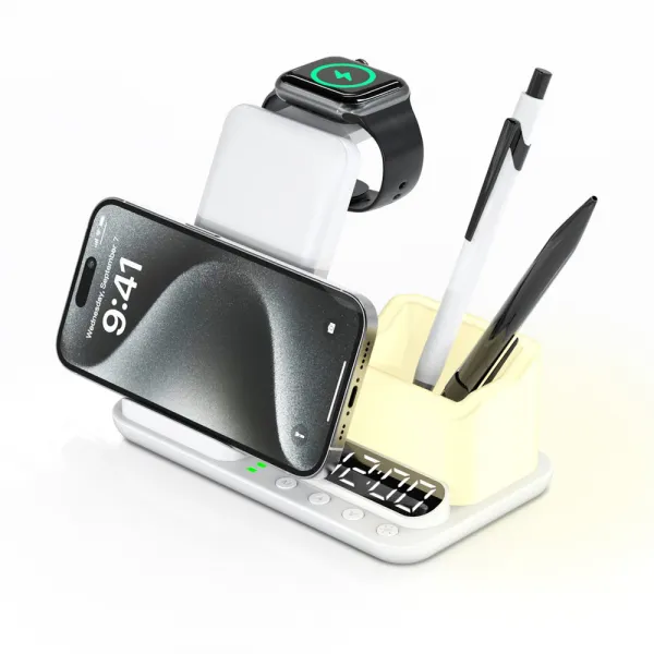 DeskCharge Station Pro Multifunkčná 5v1 bezdrôtová nabíjacia stanica s hodinami a organizérom, biela