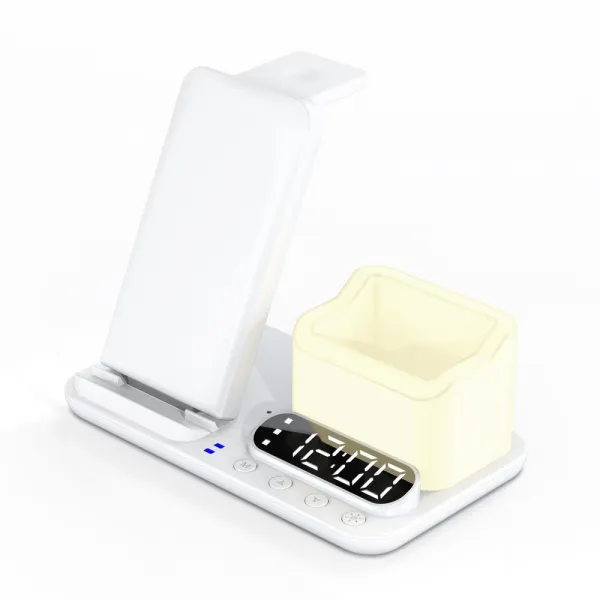 DeskCharge Station Pro Multifunkčná 5v1 bezdrôtová nabíjacia stanica s hodinami a organizérom, biela