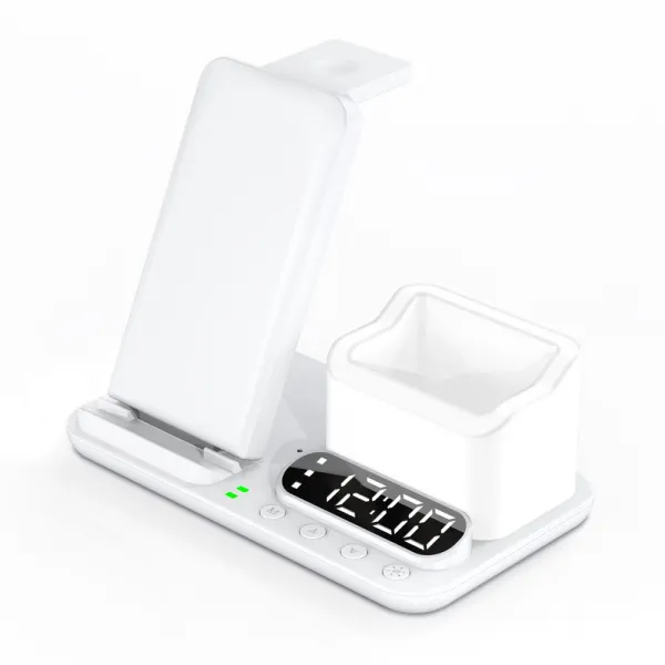 DeskCharge Station Pro Multifunkčná 5v1 bezdrôtová nabíjacia stanica s hodinami a organizérom, biela