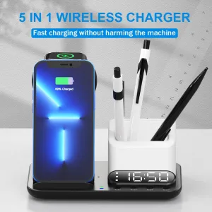 DeskCharge Station Pro Multifunkčná 5v1 bezdrôtová nabíjacia stanica s hodinami a organizérom, biela