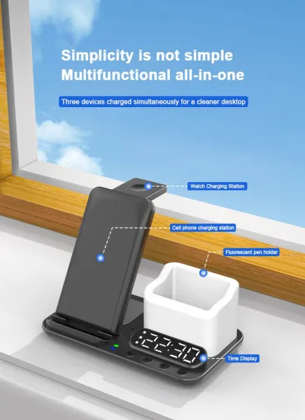 DeskCharge Station Pro Multifunkčná 5v1 bezdrôtová nabíjacia stanica s hodinami a organizérom, biela