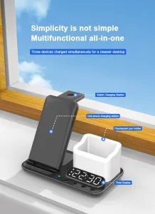 DeskCharge Station Pro Multifunkčná 5v1 bezdrôtová nabíjacia stanica s hodinami a organizérom, biela