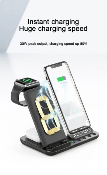 DeskCharge Station Pro Multifunkčná 5v1 bezdrôtová nabíjacia stanica s hodinami a organizérom, biela