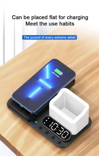 DeskCharge Station Pro Multifunkčná 5v1 bezdrôtová nabíjacia stanica s hodinami a organizérom, biela