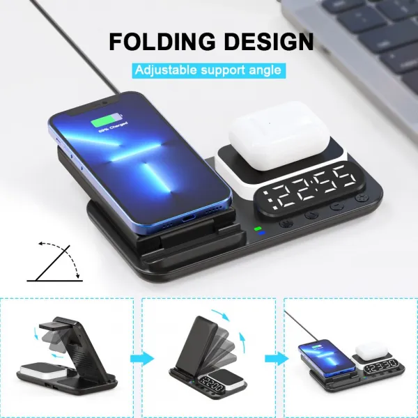 FoldCharge Clock 5 Pro Skladacia 5v1 bezdrôtová nabíjacia stanica s hodinami a nočným svetlom, biela