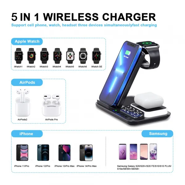 FoldCharge Clock 5 Pro Skladacia 5v1 bezdrôtová nabíjacia stanica s hodinami a nočným svetlom, biela