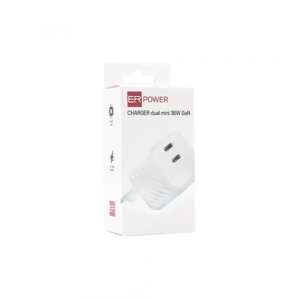 ER POWER Mini nabíjačka 2x USB-C, 36W, GaN