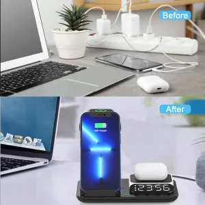 FoldCharge Clock 5 Pro Skladacia 5v1 bezdrôtová nabíjacia stanica s hodinami a nočným svetlom, biela