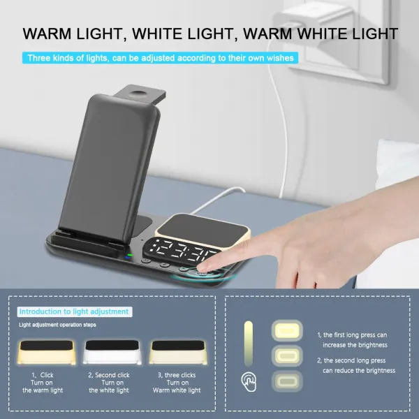 FoldCharge Clock 5 Pro Skladacia 5v1 bezdrôtová nabíjacia stanica s hodinami a nočným svetlom, biela