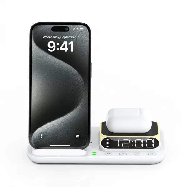 FoldCharge Clock 5 Pro Skladacia 5v1 bezdrôtová nabíjacia stanica s hodinami a nočným svetlom, biela