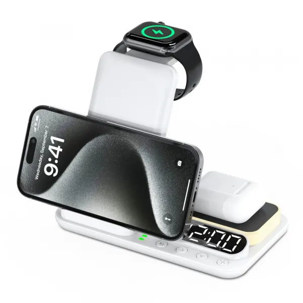 FoldCharge Clock 5 Pro Skladacia 5v1 bezdrôtová nabíjacia stanica s hodinami a nočným svetlom, biela