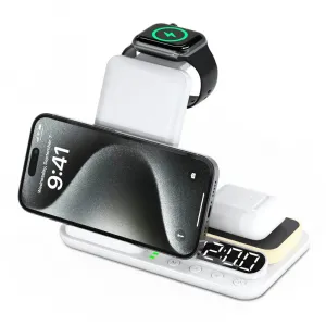 FoldCharge Clock 5 Pro Skladacia 5v1 bezdrôtová nabíjacia stanica s hodinami a nočným svetlom, biela