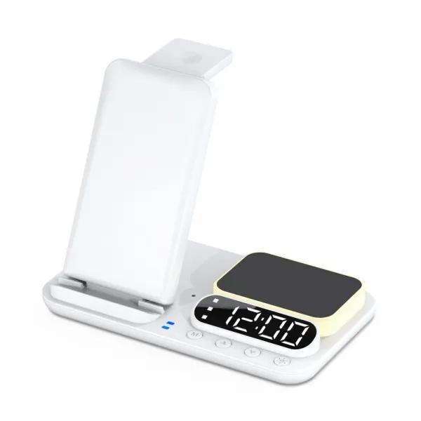 FoldCharge Clock 5 Pro Skladacia 5v1 bezdrôtová nabíjacia stanica s hodinami a nočným svetlom, biela